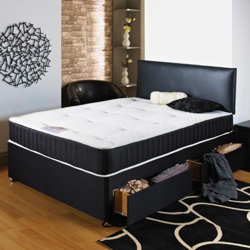 Hf4you 4Ft Small Double Black Divan Bed Base With Black Faux Leather Headboard 